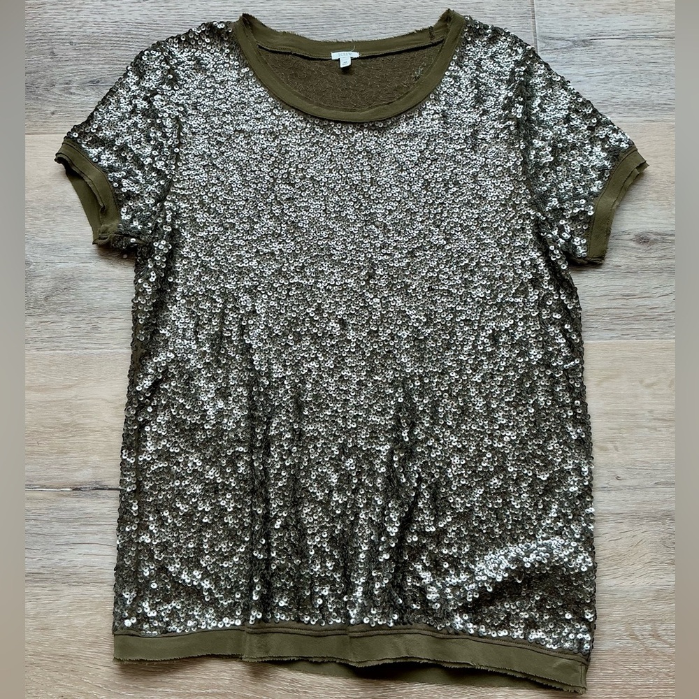 J. Crew EUC Olive Green Sequin Embellished Short Sleeve Top Shirt Blouse Size M - Picture 2 of 8